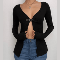 Long sleeve v neck buckle low cut solid crop top