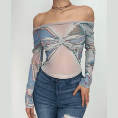 Long sleeve off shoulder sheer mesh ruched contrast top