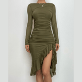 Mesh ruched zip-up long sleeve backless ruffle midi dress