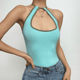 Halter contrast hollow out self tie backless top