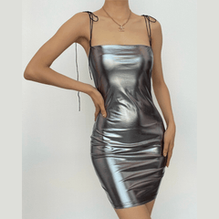 Sleeveless solid PU leather self tie backless mini dress
