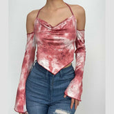 Halter off shoulder self tie ruffle long sleeve backless tie dye top