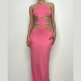 Halter self tie hollow out backless slit maxi dress