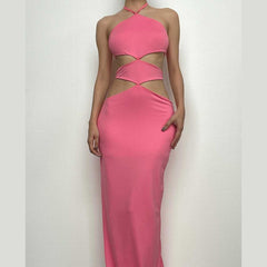 Halter self tie hollow out backless slit maxi dress
