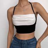 Pleated contrast patchwork halter backless crop top