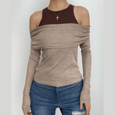 Contrast long sleeve 2-way off shoulder 2 piece top