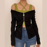Slit cross back long sleeve zip-up self tie 2 piece top