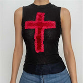 Cross ruffle mesh sleeveless contrast patchwork top