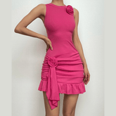 Flower applique solid sleeveless ribbed ruffle irregular mini dress