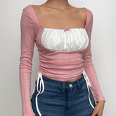 Drawstring textured patchwork contrast long sleeve crop top