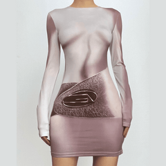 Long sleeve body print crewneck contrast mini dress