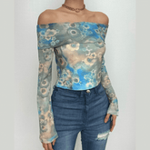 Flower print contrast off shoulder long sleeve mesh top