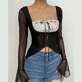 Square neck contrast patchwork mesh button long flared sleeve crop top
