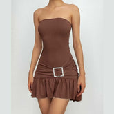 Ribbed buckle ruched ruffle solid backless tube mini dress