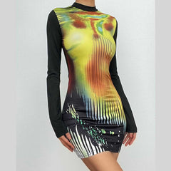 Contrast print long sleeve high neck patchwork mini dress