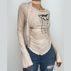 Contrast print off shoulder slit long sleeve top