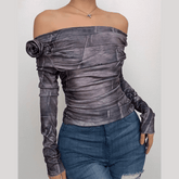 Flower applique off shoulder ruched long sleeve top