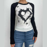 Heart pattern long sleeve patchwork contrast top