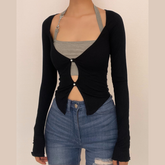 Long sleeve hollow out button halter 2 piece crop top