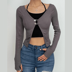 Button stitch long sleeve gloves contrast halter 2 piece crop top