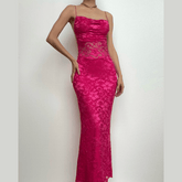 Lace solid square neck ruched spaghetti strap backless maxi dress