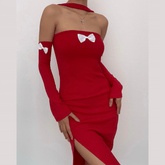 Solid halter bowknot applique slit gloves midi dress