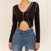 V neck stitch long sleeve contrast slit crop top
