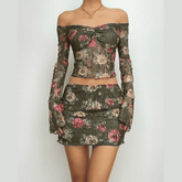 Long sleeve off shoulder flower print lace contrast mini skirt set