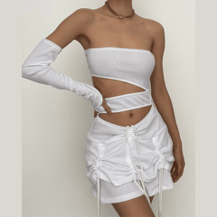 Solid irregular gloves off shoulder drawstring hollow out mini dress