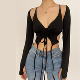 PRE ORDER - Long sleeves V neck halter ruched solid 2 piece top