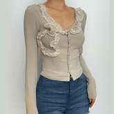 Flower applique ruffle contrast long sleeve button top