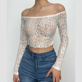 PRE ORDER - Off shoulder long sleeve lace see through solid crop top