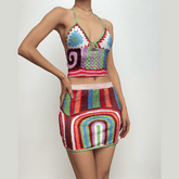 Striped v neck halter self tie contrast backless mini skirt set