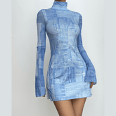 Slit long sleeve high neck denim print contrast mini dress