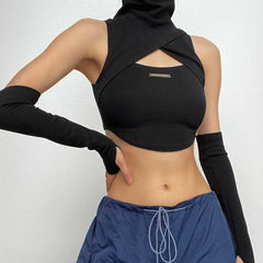 Sleeveless high neck hollow out solid gloves crop top
