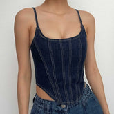 Stitch square neck backless zip-up denim cami top - Final Sale