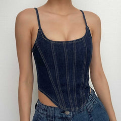 Stitch square neck backless zip-up denim cami top - Final Sale