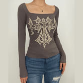 Square neck abstract long sleeve contrast top