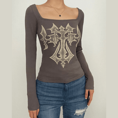 Square neck abstract long sleeve contrast top