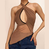Mesh irregular contrast halter self tie backless ruched crop top