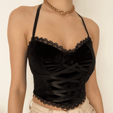 Hem lace backless halter crop top