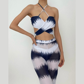 Tie dye mesh cross front halter hollow out backless 3 piece swimwear