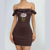Ribbed cap sleeve flower embroidery ruffle mini dress