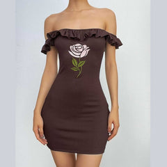 Ribbed cap sleeve flower embroidery ruffle mini dress