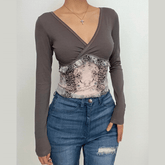 Leopard print mesh patchwork long sleeve v neck top