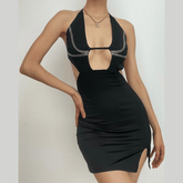 Beaded solid halter backless hollow out slit mini dress