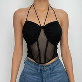 Halter self tie mesh backless ruched corset solid crop top