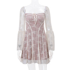 Lace square neck long flared sleeve zip-up ruffle mini dress