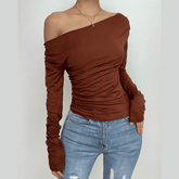Cowl neck long sleeve solid off shoulder ruched top
