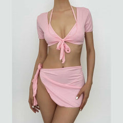 Halter solid self tie padded 4 piece swimwear